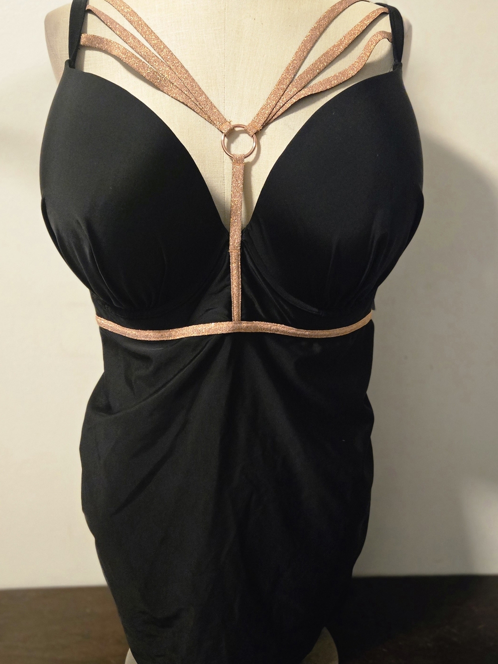 Swim By Cacique Nwt Black Plunge Swim Top Gold Accent Straps 38H
